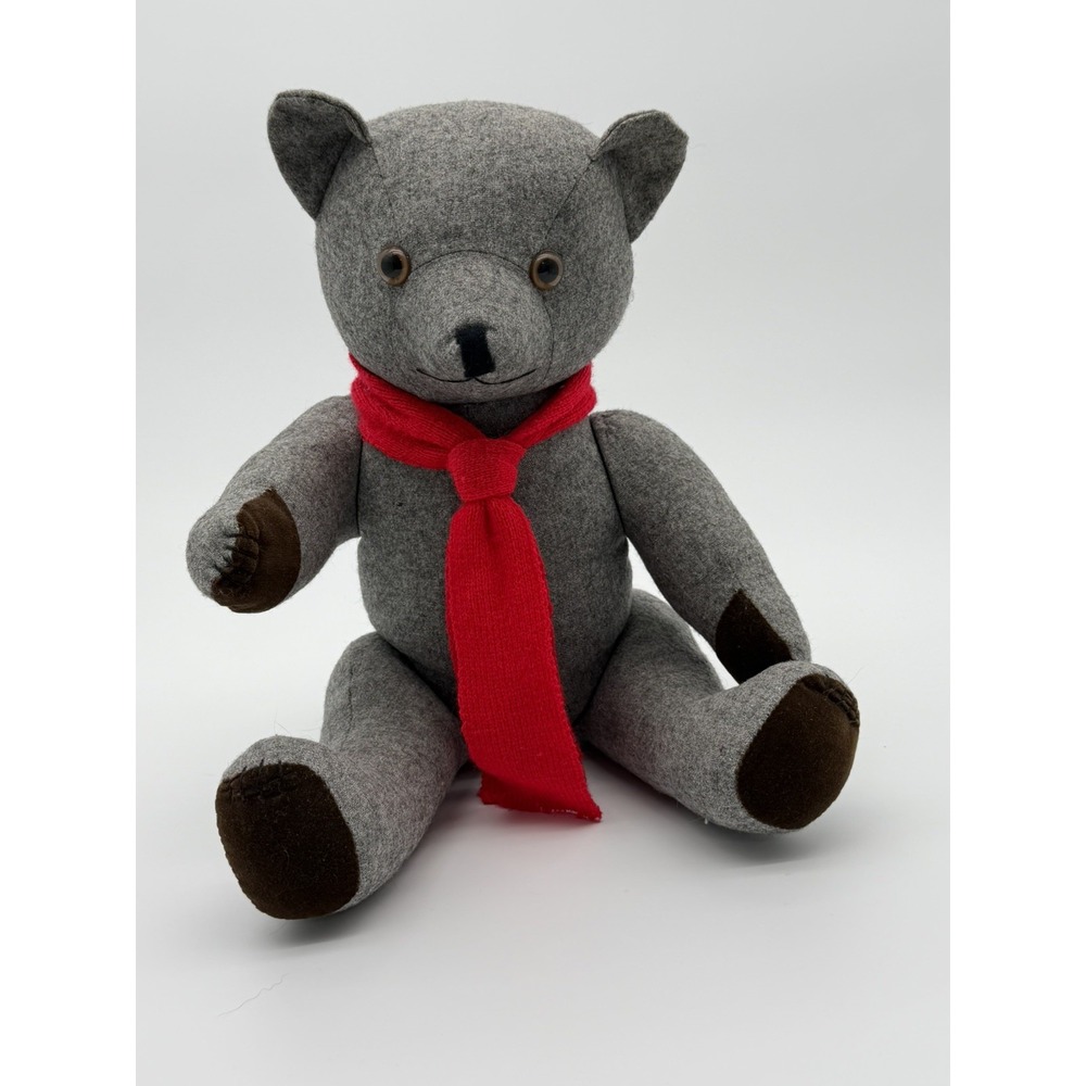 Vintage Mid 20th Century Teddy Bear W/joints & limbs Grey brown Paws Red Scarf